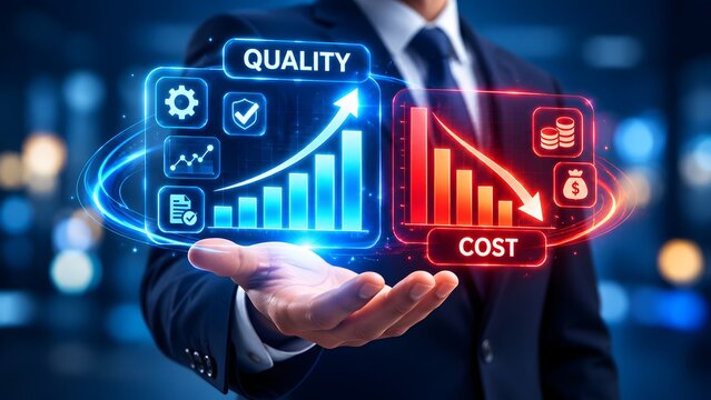 Businessman holding a digital hologram showing quality increasing and cost decreasing. Concept of corporate financial efficiency and optimization.