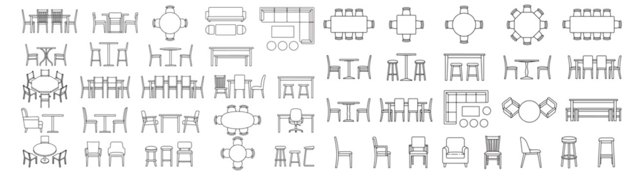 Furniture CAD Icons Set: Line Art Chairs, Tables, Stools and Seating for Floor Plans and Interior Design