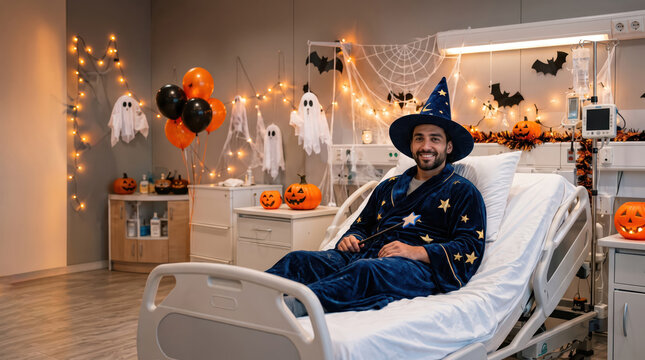 Hospital patient wearing a magician costume during a festive Halloween celebration in a decorated medical room