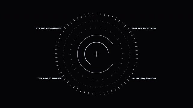 White circular futuristic HUD interface with rotating rings, tick marks and data readouts on dark background
