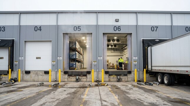 Refrigerated warehouse loading bay with open doors, cold chain shipping and receiving area