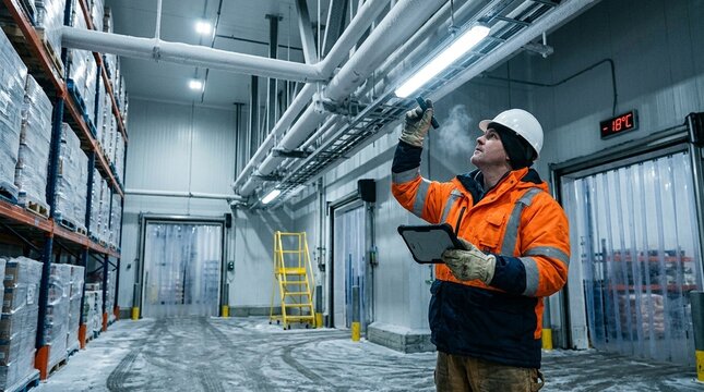 Worker checking cold storage facility lighting for proper function, warehouse maintenance inspection