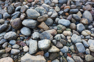 Close up of various sized and colored river rocks and pebbles. © Jajar