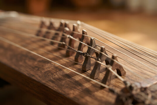 Korean gayageum zither strings and wooden bridges close-up