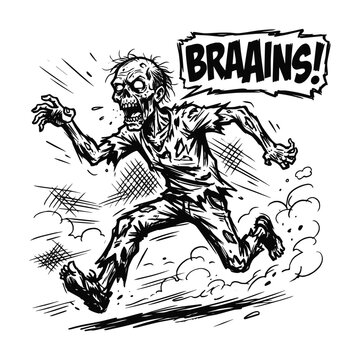 Scary undead monster running fast with speech bubble yelling brains graphic design