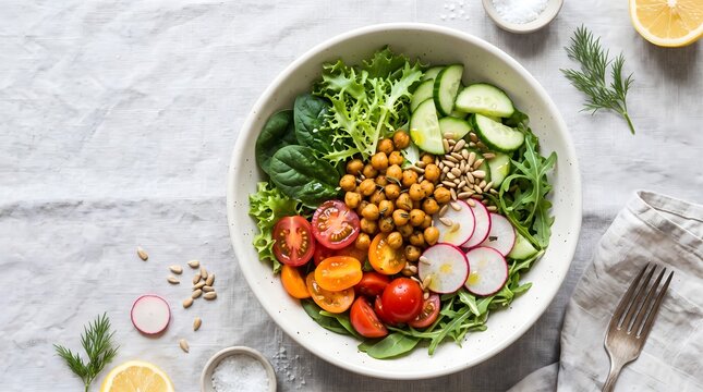 Healthy vegan salad bowl packed with roasted chickpeas, fresh spinach leaves, cherry tomatoes, cucumber slices, and radishes on white background