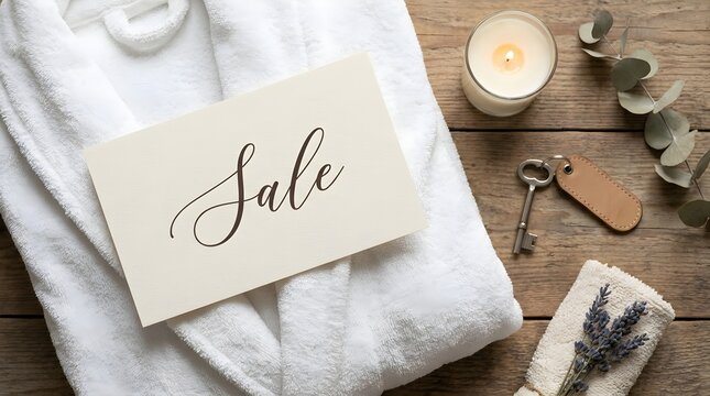 A white spa robe and a sale voucher card resting on a wooden table with a burning candle, keys, and lavender. Black Friday spa promotion and relaxation gift card concept.