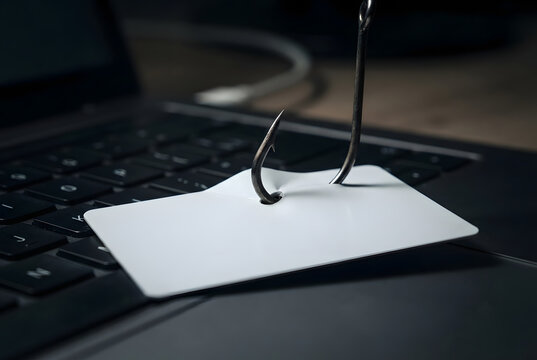 Fishing hook through blank card on laptop keyboard, phishing scam concept