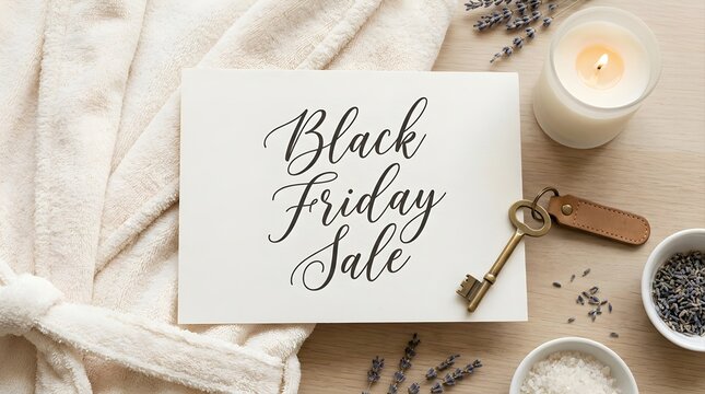 Black Friday sale voucher for a relaxing spa wellness retreat. Promotional card with seasonal discount beside a fluffy bathrobe, scented candle, and vintage key on a wooden table surface.