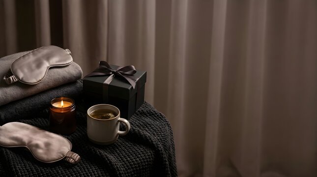Black friday sleep care promotional banner with luxury silk eye masks, lit candle, soothing tea cup, and elegant wrapped gift box on dark textured blanket. Relaxation product discount concept.