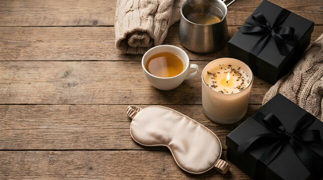 Black friday sleep sale promotion with black gift boxes, silk sleep mask, warm tea, cozy knitwear, and lit candle on rustic wooden table background. Seasonal relaxation and discount shopping event.