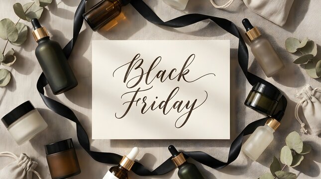 Black friday skincare products arrangement featuring serum bottles and cream jars surrounded by a dark ribbon on a neutral background. Special cosmetic promotion display for seasonal holiday shopping.