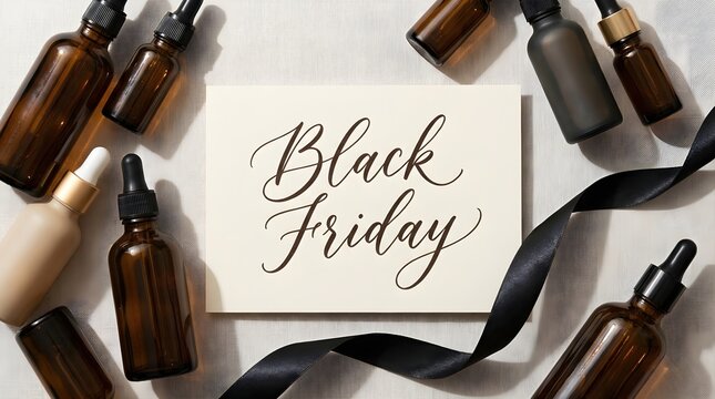 Black Friday skincare sale banner with amber dropper bottles and cosmetic serum on a textured surface. Promotional shopping event with elegant ribbon. Discount offer for beauty products and care.