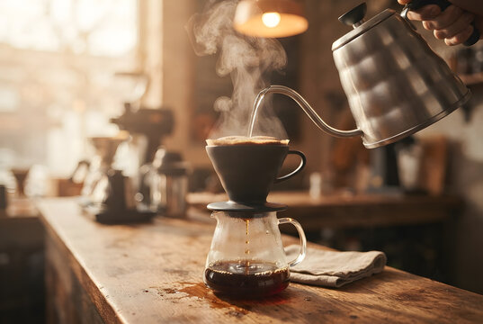 Pour over coffee brewing with gooseneck kettle and glass server
