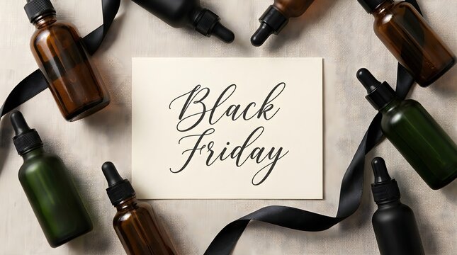Black Friday skincare products sale event composition with amber and green dropper bottles and dark ribbons on a rustic surface. Holiday shopping announcement for beauty cosmetics.