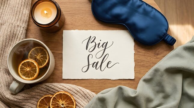 Cozy autumn composition on wooden table with big sale sign note card, lit candle, cup of tea with dried citrus slices, blue sleep mask and warm knit blanket. Commercial shopping banner layout.