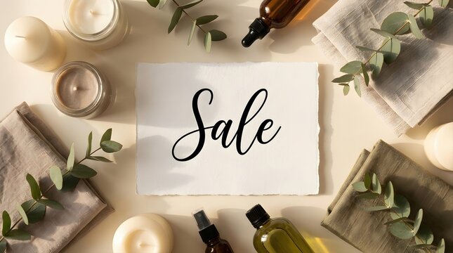 Black friday sale banner featuring a handwritten text note surrounded by natural spa products, cosmetic bottles, fragrant candles, folded towels and fresh eucalyptus leaves on a beige background.