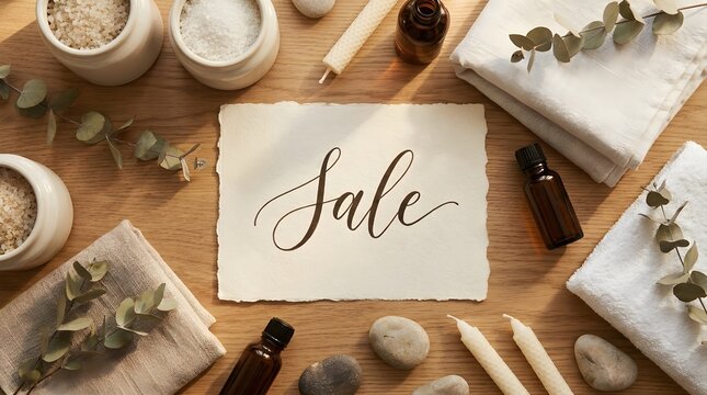 Black friday promotional sale sign surrounded by wellness spa products on a wooden background. Organic cosmetics and relaxation accessories for shopping events. Special discount offer layout.