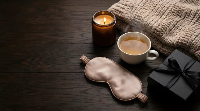 A steaming hot drink and a sleeping mask arranged with a burning candle and a gift box on a dark wooden surface. A cozy Black Friday relaxation scene symbolizing holiday deals and self-care.