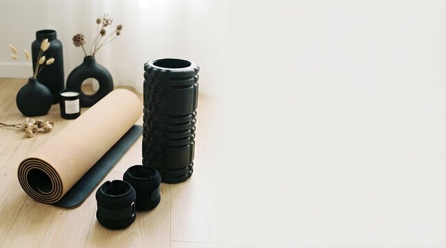 Black friday pilates banner setup with fitness equipment on wooden floor. Yoga mat, foam roller and weights for workout deals. Special sale promotion for healthy lifestyle gear and wellness items.