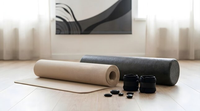 Pilates equipment set arranged on a wooden floor during a seasonal fitness sale event. Rolled exercise mat, foam roller, ankle weights, and smooth massage stones ready for workout.
