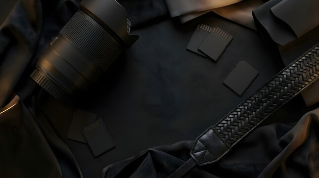 Black friday photography equipment sale flat lay composition. Professional camera lens, memory cards, and leather strap on dark background. Seasonal shopping promotion and discount offer banner.