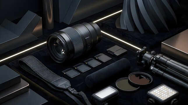 Black friday camera gear sale arrangement with professional photography equipment and accessories on dark velvet surface. Special discount promotion and shopping deals for creators.