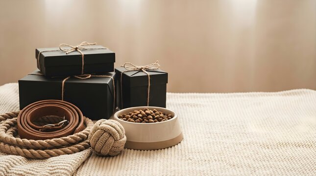 Black friday pet accessories sale banner featuring wrapped gift boxes with twine, leather leash, rope ball toy and bowl of dry food on a blanket. Special discount shopping concept for pets.