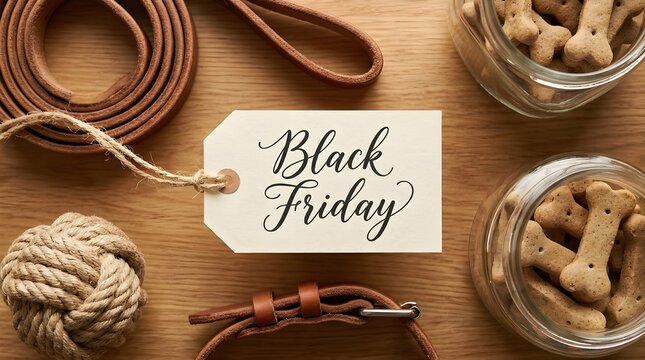Black friday sale tag surrounded by pet accessories on a wooden table. Premium dog treats in glass jars and leather collars for seasonal shopping. Special discounts for pet owners.