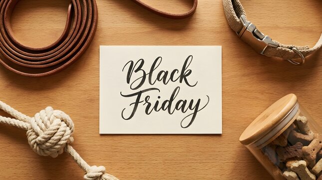 Black Friday sale sign surrounded by pet accessories including a leather leash collar rope toy and dog treat jar on wooden table background. Seasonal shopping promotion for animals supplies.