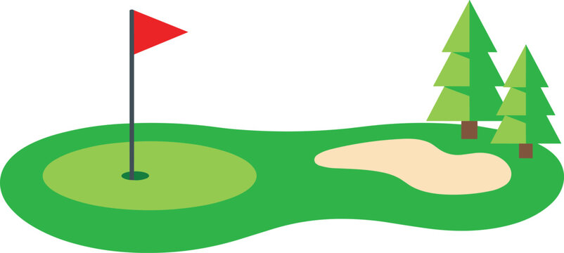 Flat vector illustration of a golf putting green with sand bunker and flag