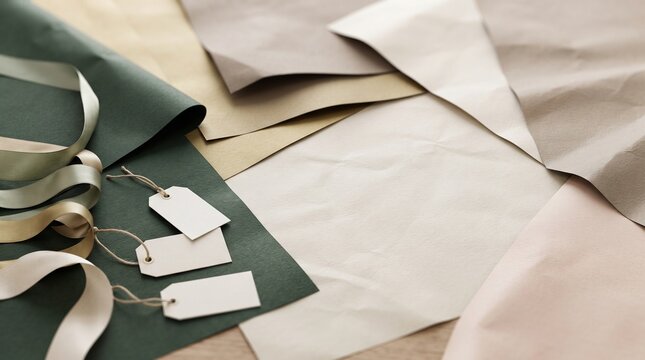Gift wrapping supplies of textured paper in muted earth tones are artistically arranged with a satin ribbon and blank gift tags, ready for creative use.