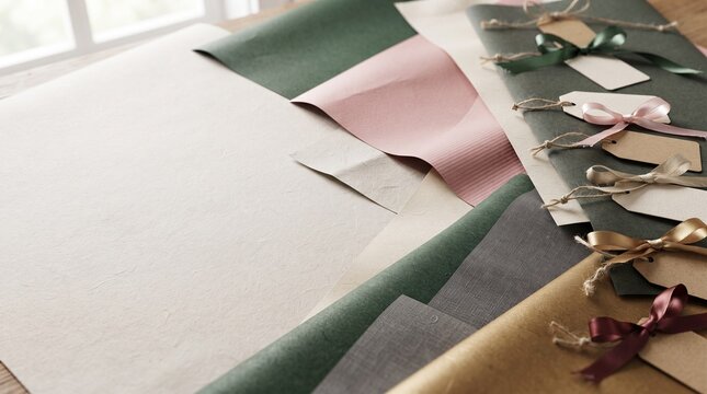 An assortment of elegantly colored wrapping papers in various shades of green, pink, gray, and gold, accented with ribbons and tags, are artfully arranged.