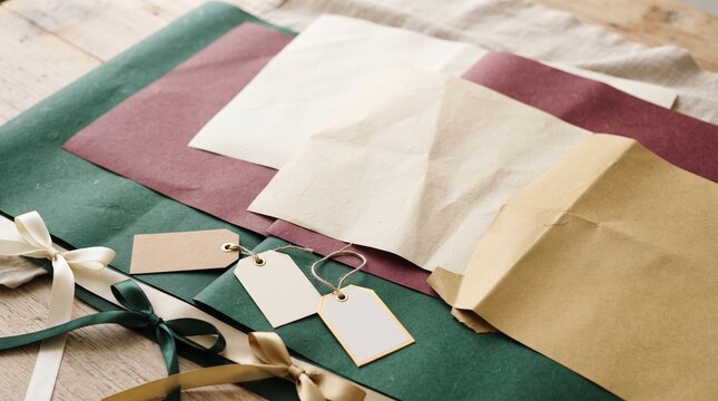 A collection of gift wrap paper and tags are arranged on a wooden surface, ready for use in creating beautiful presents, evoking a sense of anticipation and thoughtful gifting.