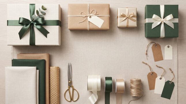 An overhead view showcases a collection of elegantly wrapped gifts, gift-wrapping supplies, and gift tags, all arranged artfully on a neutral surface, ready for a special occasion.