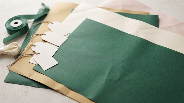 Wrapping paper, ribbon, tags, and twine are artfully arranged on a light surface, creating an elegant composition for gift-giving or crafting.