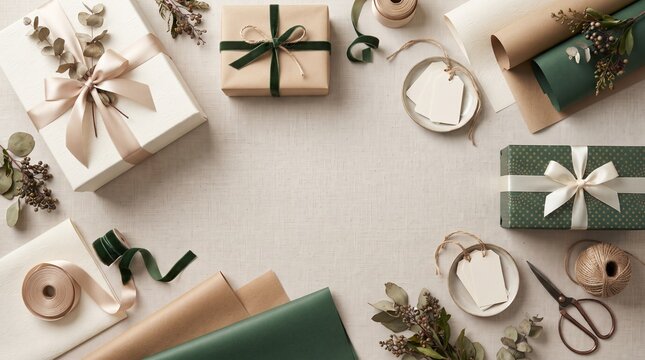 A beautifully arranged collection of gift-wrapped presents, crafting supplies, and decorative greenery evokes a sense of thoughtful celebration and seasonal festivity.