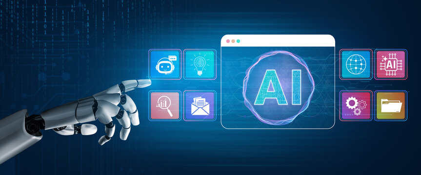Futuristic Robotic Hand Interacting with Digital Icons Representing Artificial Intelligence Technologies and Applications in a Modern User Interface Sigmoid