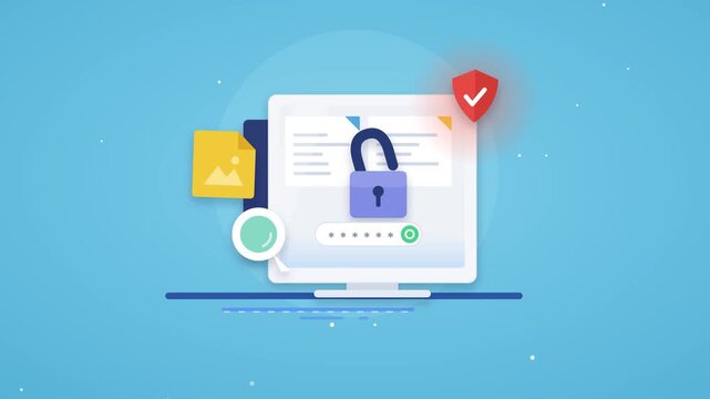 Cybersecurity protection system featuring digital computer screen, security padlock, shield icon, and password entry interface motion video clip
