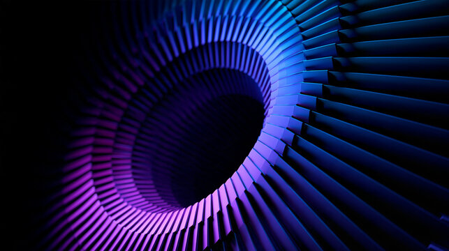 Abstract futuristic blue and purple metallic turbine structure with glowing light. Modern technology background for digital art.