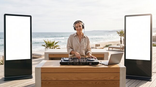 Young Woman DJ at Mixing Console Flanked by Two Blank Digital Signage Mockup Displays on Beach