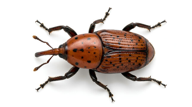 Red palm weevil reddish brown black spots long curved snout black hairy legs black eyes, crawling on clean white minimalist floor, top view detailed hard striped wings soft shadow