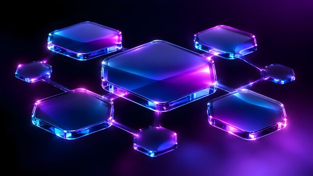 Futuristic Abstract Blockchain Network with Glowing Glass Hexagonal Nodes in Neon Blue and Purple Light