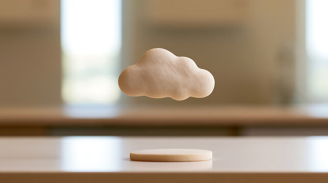Minimalist beige wooden cloud shape floating above a matching round pedestal on a clean light surface with a soft blurred background view