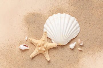 Summer vacation and travel concept, starfish and seashells on sand for beach holiday background and tropical relaxation theme © Pixel-Shot