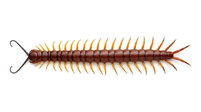 Reddish brown glossy centipede long segmented body many yellow orange legs black curved antennae, crawling straight on clean white minimalist floor top view sharp detail soft shadow