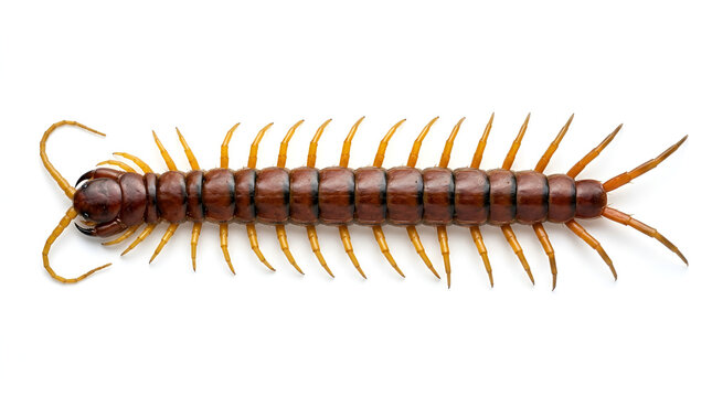Reddish brown glossy centipede long segmented body many yellow orange legs black curved antennae, crawling straight on clean white minimalist floor top view sharp detail soft shadow