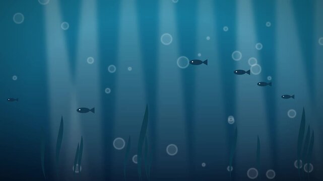 Underwater blue background video animation with swimming little fish and rising bubbles floating in the ocean water depth