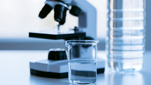 Laboratory microscope and glass beaker filled with pure water sample for scientific research, medical analysis, and chemistry experiment test