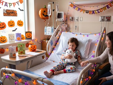 Child holding a cute ghost plush toy in a Halloween decorated hospital room during pediatric care